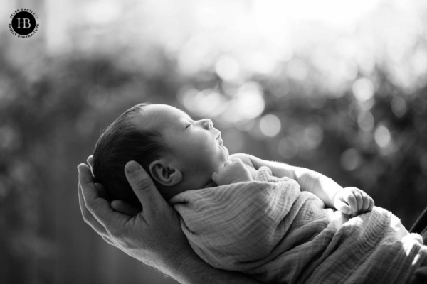 newborn baby is held in mothers hands in sunlit garden