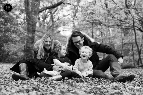 family photo with newborn and children in highgate woods