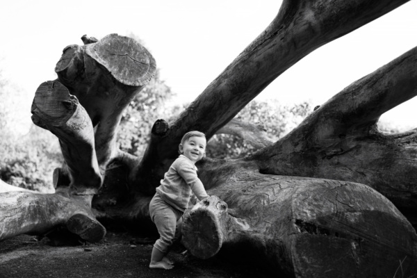 Baby holds himself up by balancing on a log.