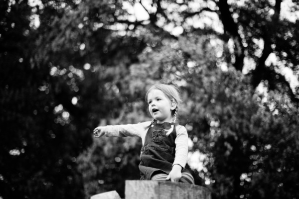 A child atop playground equipment with a background of trees.