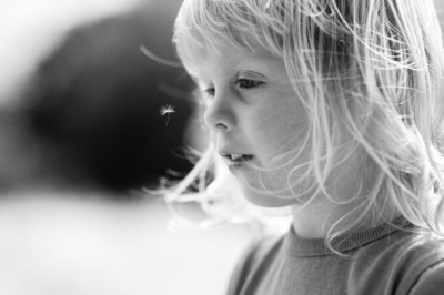 A child's black and white portrait.