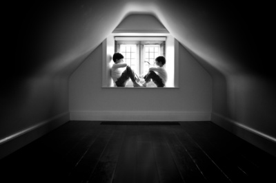 Two brothers sit in a window together.