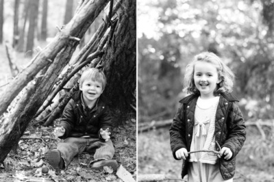 Children play in woods.