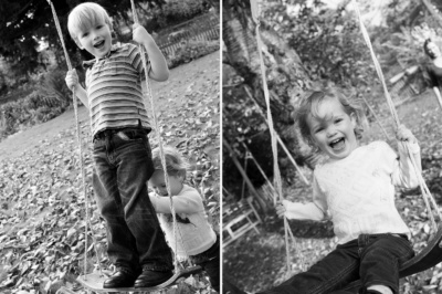 Children play on swings.