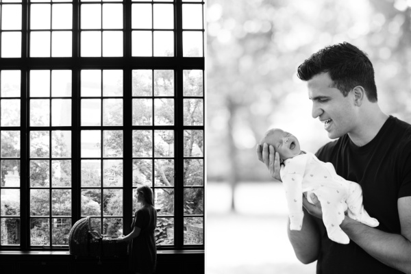 Parent and newborn children natural portraits in black and white.