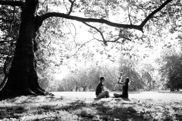 Parents hold up their baby under a tree in the sunshine.