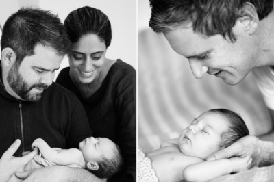 Parents hold their newborns in black and white portraits.