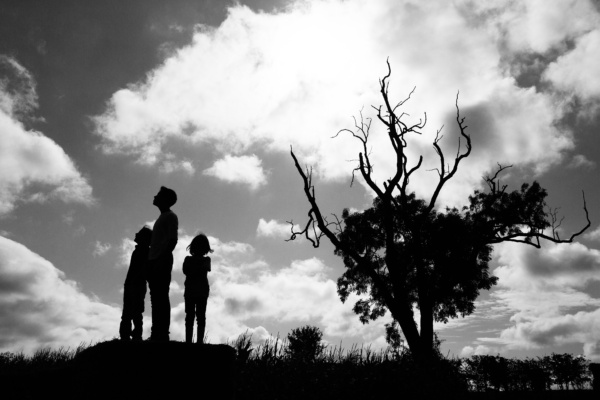 Siblings and a tree silhouetted against the sun.