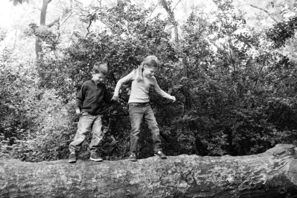 Siblings walk along a log.