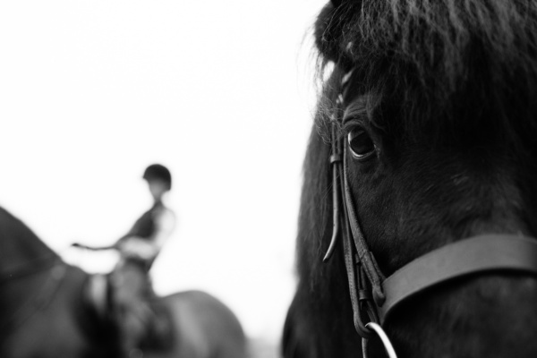 A teenage rider on a horse with a horse head in the foreground.