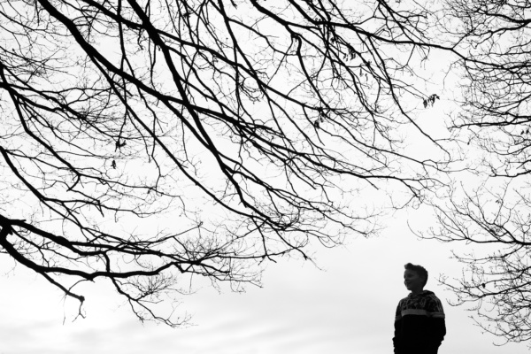 A teenager in silhouette, surrounded by tree branches as part of a London portrait shoot in black and white.