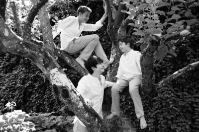 A black and white portrait of three brothers in a tree.