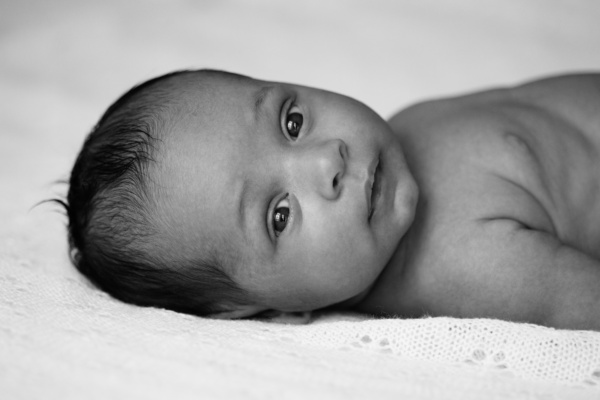 A wide-awake newborn looks at the camera.