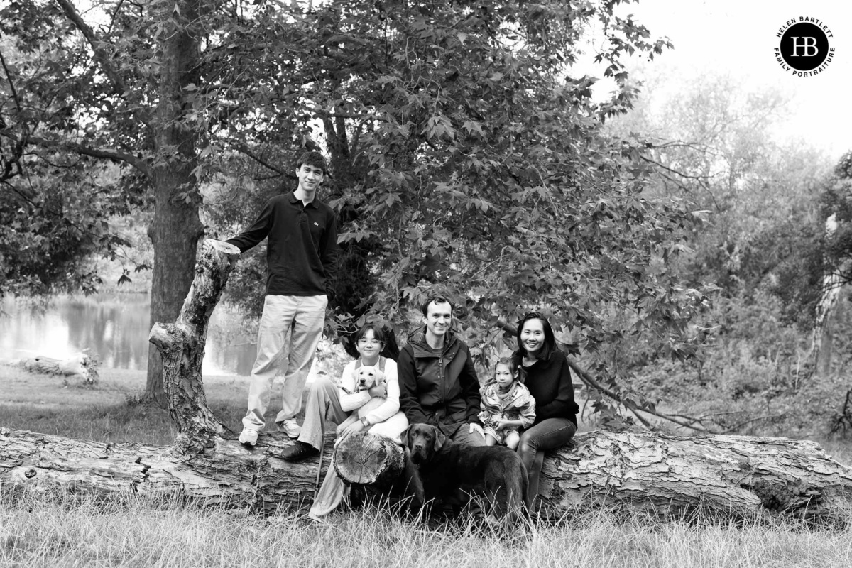 Family sitting together on a fallen tree trunk with their dogs in Hampstead Heath.