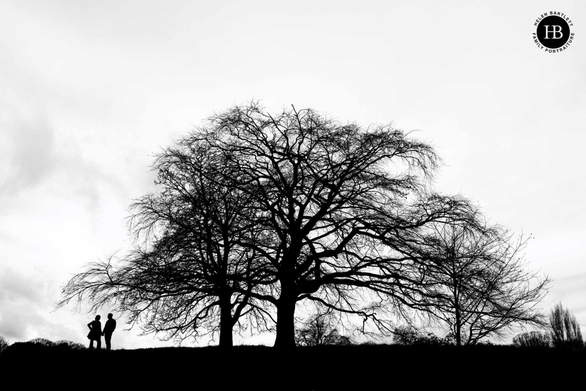 Couple silhouette under large tree on Hampstead Heath during outdoor portrait session