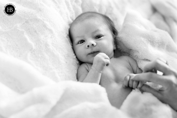Newborn baby lying on soft blanket looking towards camera at home newborn photography Chiswick