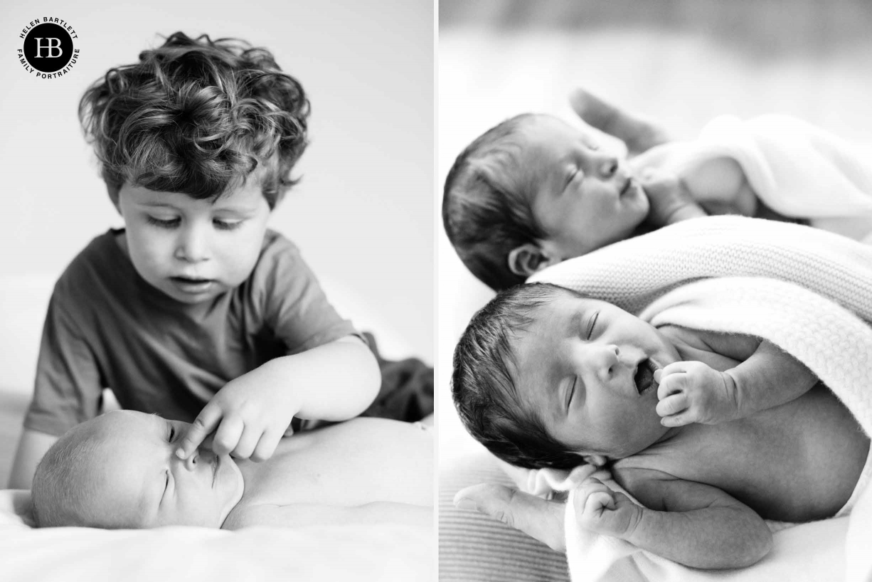 two pictures, one of newborn twins and one of older brother and newborn baby