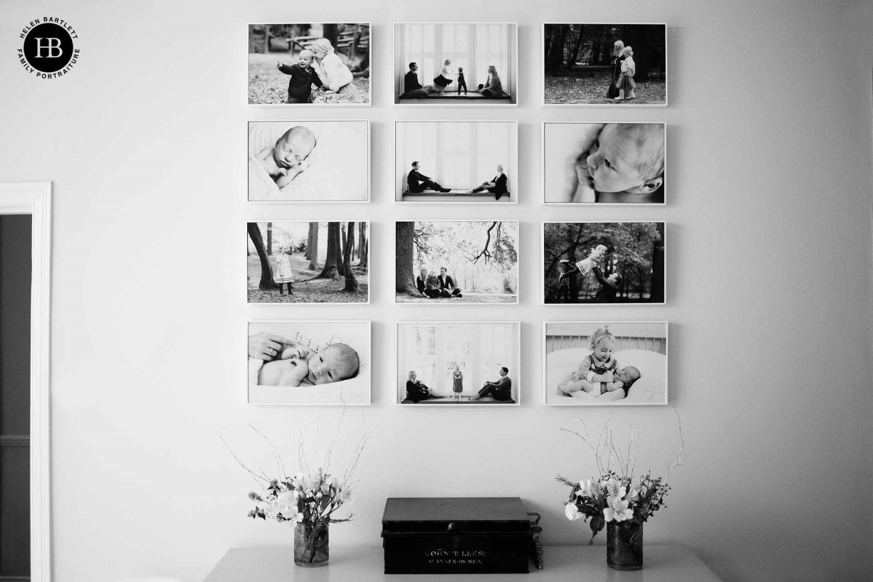 arrangement of frames on the wall from a number of newborn and family shoots with an individual family