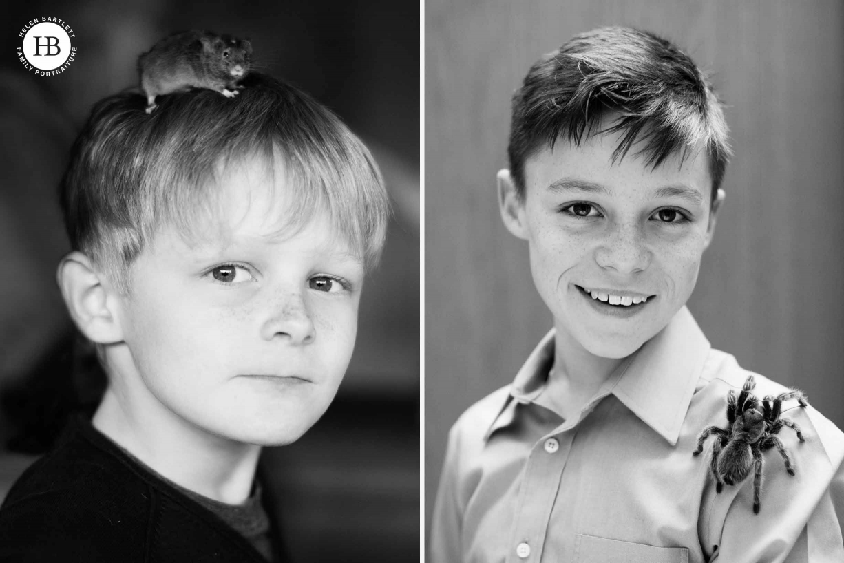 Two pictures, one of a boy with a mouse on his head and another of a boy with a tarantula on his shoulder. It's great to include pets in family photo shoots in clients homes