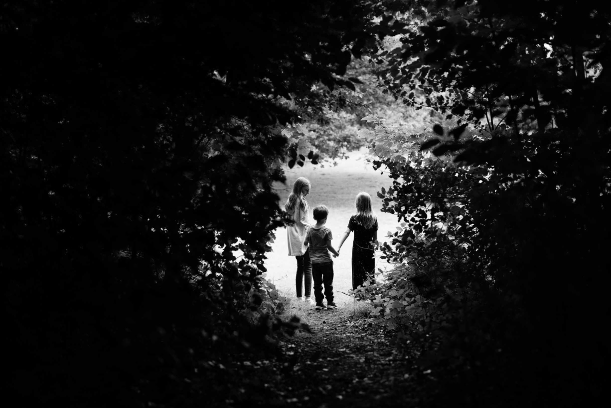 children-walk-through-woodland-path-into-light