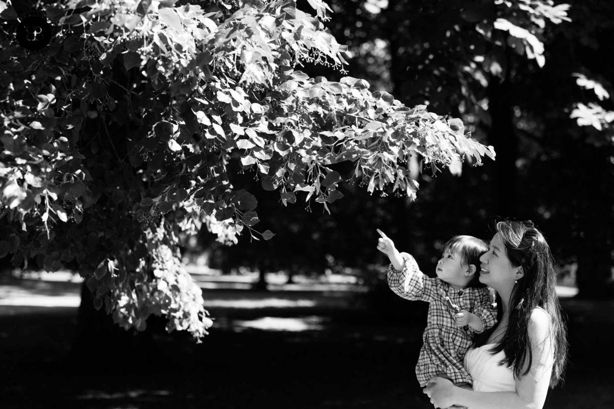 mother lifts baby to see the tree on a family photo shoot in St James Park London